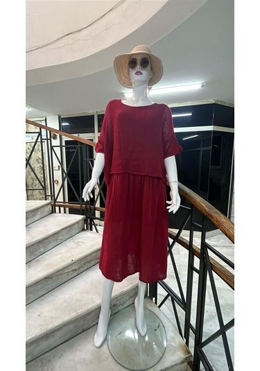 İtalyan Müslin Keteni Üstü File Bluzlu Astarlı Tek Parça Elbise-9256 Bordo