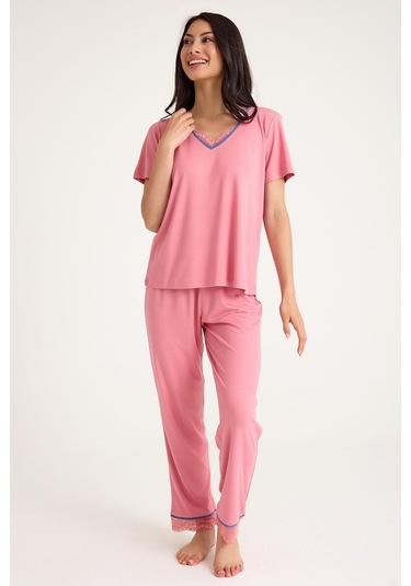 Dream Mavi/pembe Dantel Detaylı Uzun Ve Şortlu Önden Düğmeli 8 Parça Pijama Takım Set Mavi/pembe