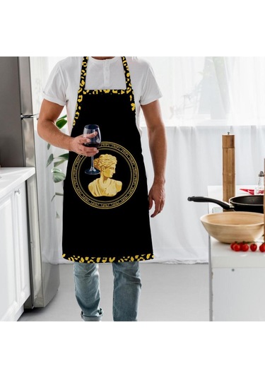 Siyah Büst Detaylı Mutfak Önlüğü Keten Kumaş, Uluslararası Yıkama Ve Solmama Sertifikası Çok Renkli