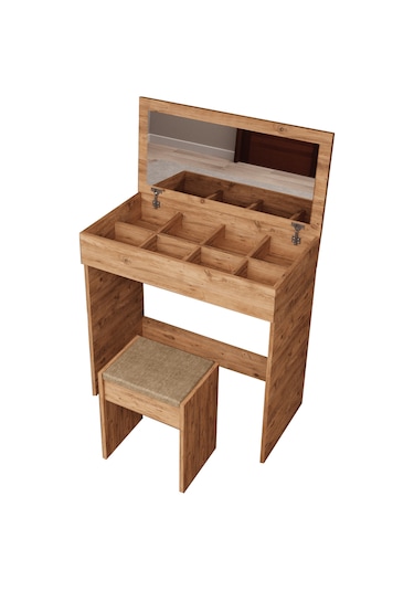 Df02113 Kapaklı Aynalı Bölmeli Puflu Makyaj Masası Atlantik Çam