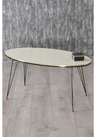 Zigon Sehpa Ve Orta Sehpa Elips Siyah Tel Ayak Çift Altın Krem