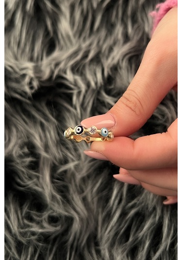 Fiyonk Kuyumculuk 14 Ayar Altın Nazarlık Ve Taş Dizisi Yüzük 001