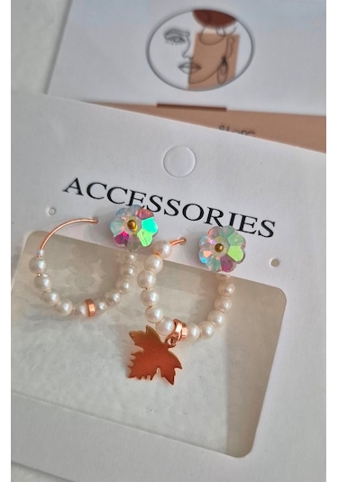 Glamglamour Küçük Halka İncili Küpe Seti Rose Gold