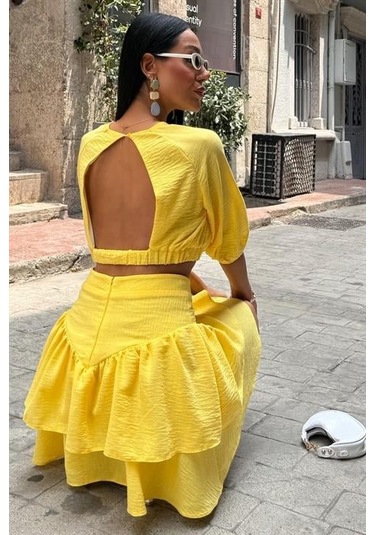 Crop Bluz Ve Kat Kat Etekli Takım 10207 Altın