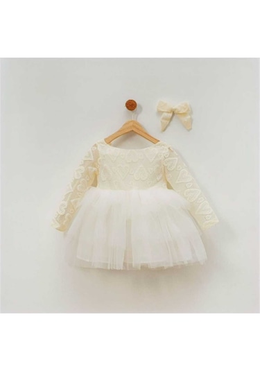 Kız Çocuk Güpür Tül Tütülü Doğum Günü Hediye Kına Prenses Elbise KREM