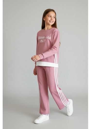 "athletic Club" Baskılı, Üç Çizgili Pembe-beyaz Geniş Paça Kız Çocuk Eşofman Takımı Pembe