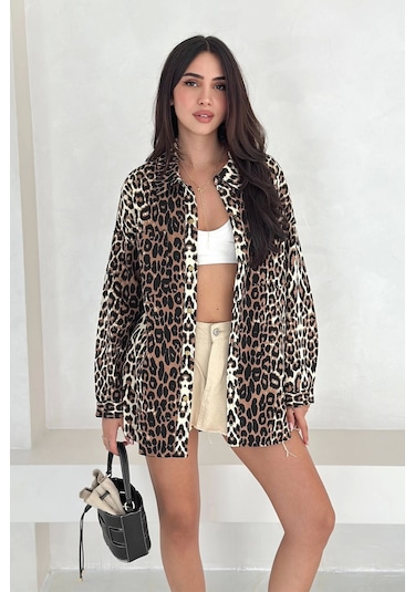 Asprin Fashion Leopar Desen Gabardin Gömlek Leopar