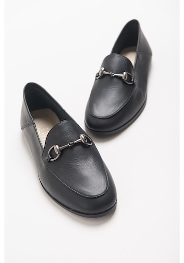Luvishoes F03 Hakiki Deri Kadın Loafer Ayakkabı Siyah Cilt Siyah