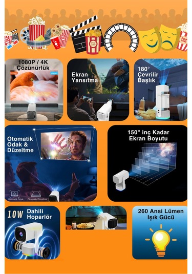 Projeksiyon Cihazı 200 Lümen 2 Kol li 4k 1080p Hd Projektor 3d Oyun Keyfi Android