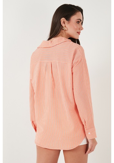 Lela Regular Fit Uzun Kollu Cepli Çizgili Bayan Gömlek 6772895 Oranj