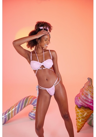 Holly Lolly Özel Yapım Parlak Kumaşlı Premium Mia Bikini Üstü Pembe
