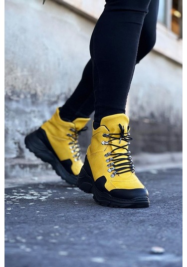 Wagoon Wg07 Sarı-siyah Renk Uzun Bağcıklı Bot Sarı