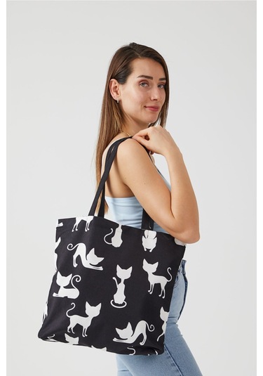 Kadın Siyah Kedi Bez Alışveriş Plaj Çantası Siyah