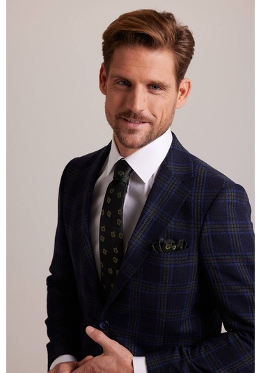 Erkek Lacivert Yeşil Kışlık Yünlü Regular Fit Ekose Desenli Ceket 001