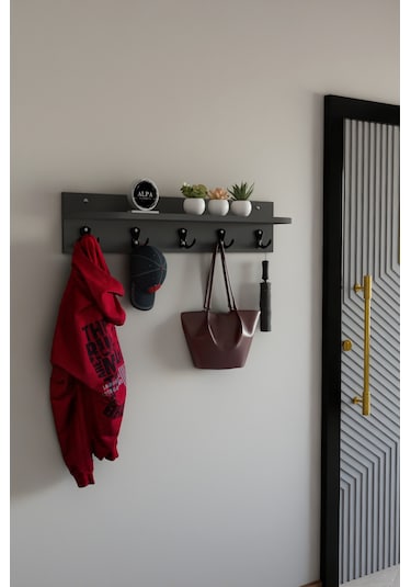 Alpa Ev Mobilya 5 Askılı Raflı Portmanto, Elbise Askılığı, Modern Duvar Organizer Askılık Antrasit