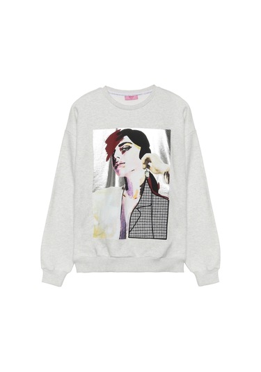 Baskı Ve Aplike Detaylı Sweatshirt Gri Gri