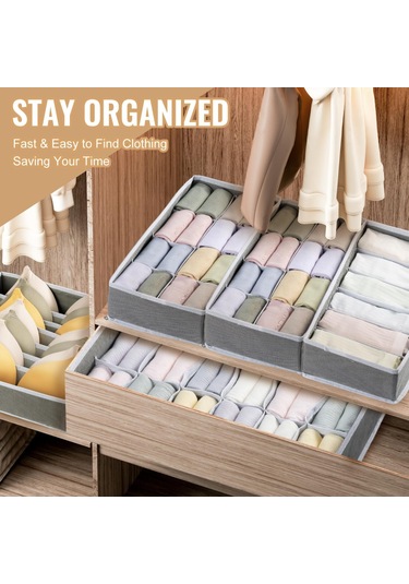 Fosenze Gri 4'lü Çok Bölmeli Giyim Organizer Seti: Alt Giyim, Çorap, Sütyen İçin Katlanabilir, Sporlu Kumaşlı Depolama Kutuları 6+7+8+24 Bölme Gri