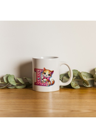 L Harfli Bardak, Sevimli Kedili Pembe Tasarım Bardak, Arkadaşa Aileye Hediye Porselen Beyaz