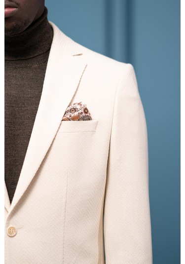 Apartro Regular Fit Mono Yaka Çift Yırtmaç Torba Cep Armürlü Tek Ceket Krem