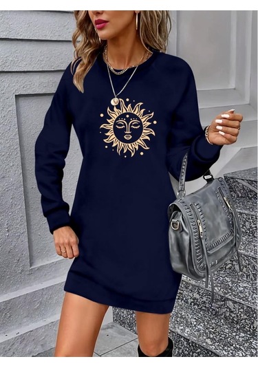 Kadın Uzun Kollu Bisiklet Yaka Güneş Desenli Viskon Iki Iplik Elbise Lacivert