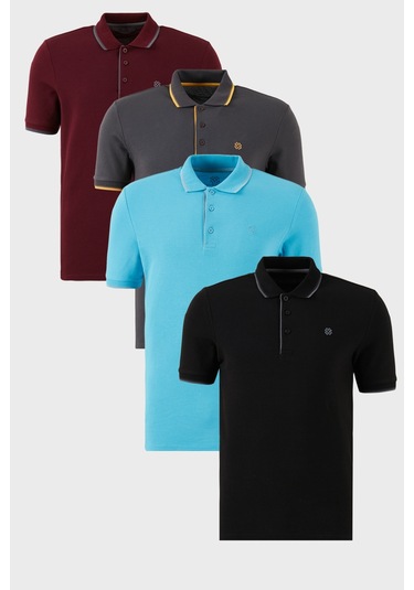 Buratti Pamuklu Slim Fit Şerit Detaylı Düğmeli Polo Yaka 4'Lü Paket Erkek T Shirt 5902118S4 Siyah-Vişne-Antrasit-Aquamavi