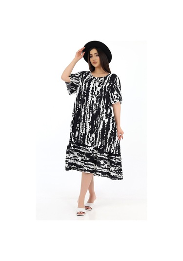 Schık Kadın Viskon Yarım Kol O Yaka Cepli Fırfırlı Elbise Siyah Siyah