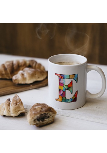 E Harfi Bardak 330 Ml İsme/harfe Özel Hediye, Renkli Harf Tasarım Beyaz