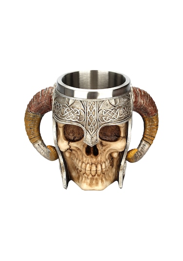 Ranyeek Kemik Kafa Desenli 550ml Büyük Bardak, 304 Paslanmaz Çelik + Reçine, İki Kollü, Ofis/ev/bar/restoran Kullanıma Uygun Çok Renkli