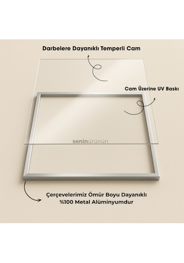 Surfboard Beach - Gerçek Cama Baskı Siyah Alüminyum Metal Çerçeveli Tekli Modern Tablo