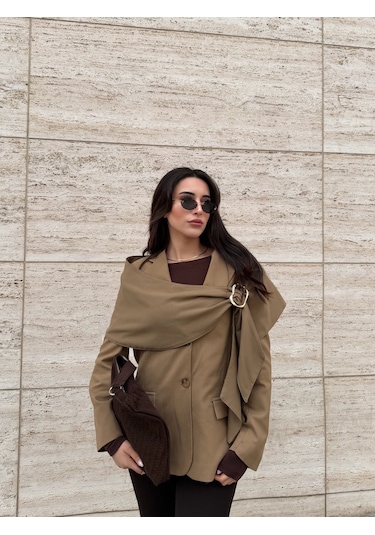 Laluvia Karamel Broşlu Şallı Poliviskon Ceket - 9707 Karamel