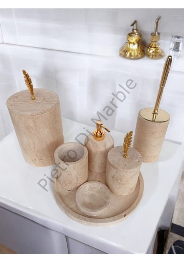 Sarı Traverten Klasik Model 7 Parça Gold Renk Kuş Tüyü Aksesuarlı Banyo Seti Sarı Traverten