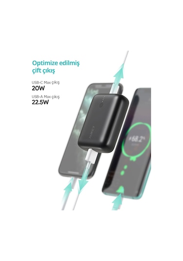 Aukey PB-N83S-BK 22.5 W SCP PD Ve QC 3.0 10000 mAh Mini Type-C Powerbank Siyah