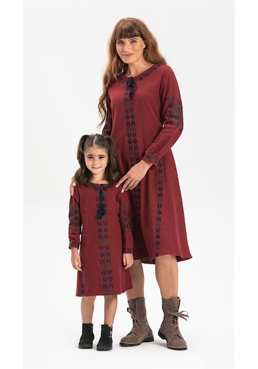 Uzun Kol Mahur Çocuk Pazen Elbise Bordo Brd Bordo