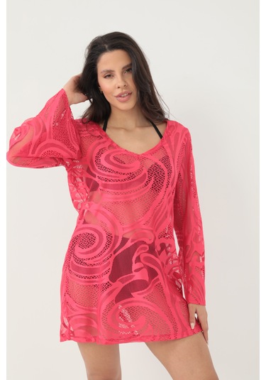 Kolları Volanlı Elbise Fuşya