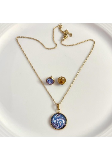 316l Çelik Otantik Figürlü Kolye Küpe Hediyelik Set Lacivert