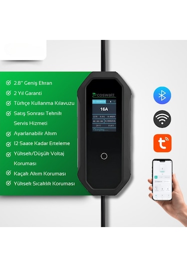 Coswatt Elektrikli Araç Taşınabilir Şarj Cihazı 11 Kw 16a Tip-2 5x16a 8 Metre Kablo Türkçemenü Çanta 11 Kw