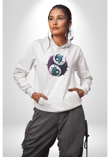 Renkli Yin İle Yang Kuramı Kadın Erkek Beyaz Kapüşonlu Sweatshirt Hoodie Beyaz