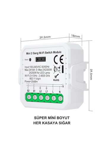 Tuya Uyumlu Mini İkili Wifi Anahtar 2x10A / 220V