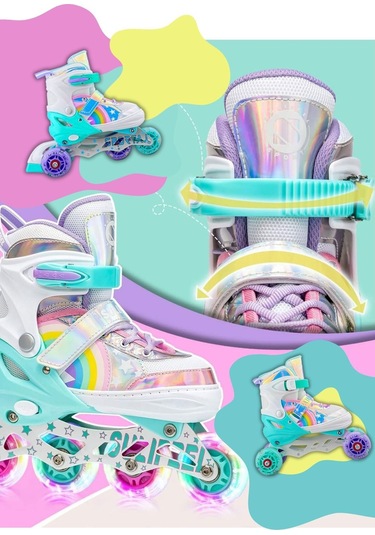 Unicorn Işıklı Paten Kask Koruma Seti 2+2 Gökkuşağı Kız Çocuk Pateni Silikon Teker,taşıma Çantalı 3