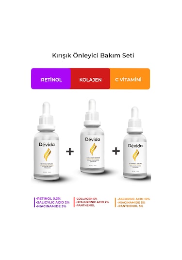 Retinol + Kolajen + C Vitamini Serum 3 Lü Set  Alın Çizgisi Göz Çevresi