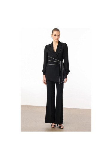 Moda İlgi Kadın Kolları Piliseli Şerit Aksesuarlı Ceket 5008 Siyah Siyah