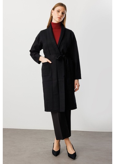 On Kadın Büyük Beden Beli Kuşaklı Şal Yaka Hırka 60900 Siyah Siyah