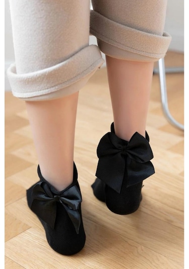 Heleni Kadın Bambu Siyah Fiyonklu Siyah Soket Çorap Siyah