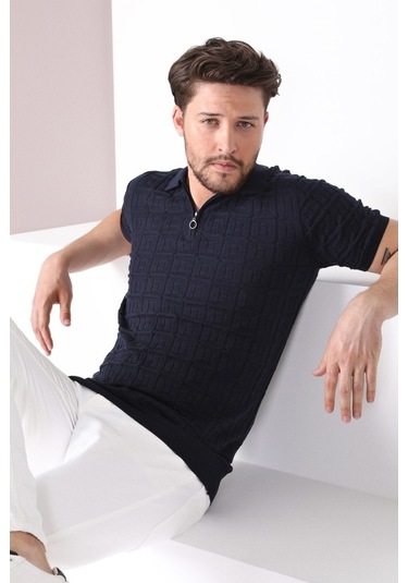 Ferraro Lacivert Polo Yaka Fermuarlı Erkek Pamuk Triko T-Shirt-Lacivert (417942239) Lacivert