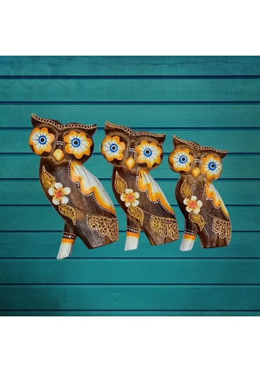 Ahşap Aborjin Üçlü Baykuş Dekoratif Biblo No.2 20 Cm