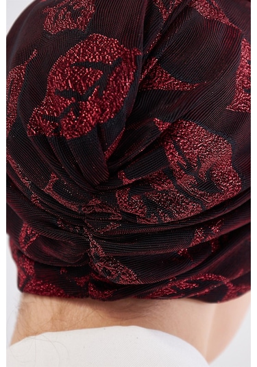 Bordo Simli Büzgülü Tesettür Bone Jakar Çiçek Desenli 2317 16 Bordo