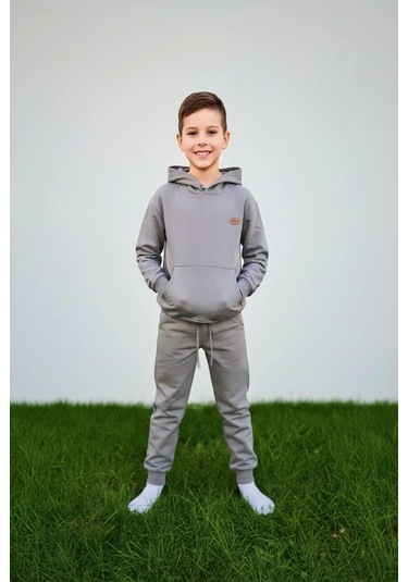 Kapüşonlu Ve Kanguru Cepli Gri Renk Erkek Çocuk Eşofman Takım Gri