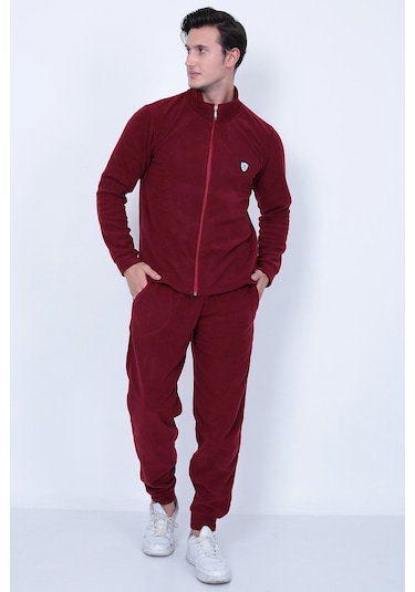 Lukitus Tam Fermuarlı Polar Erkek Eşofman Takımı Bordo