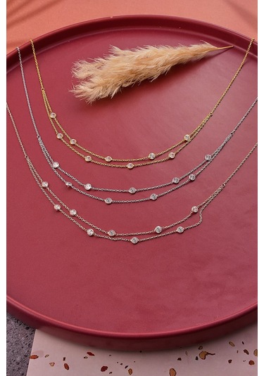 925 Ayar Gümüş Zirkon Taşlı 2 Li Kolye Altın