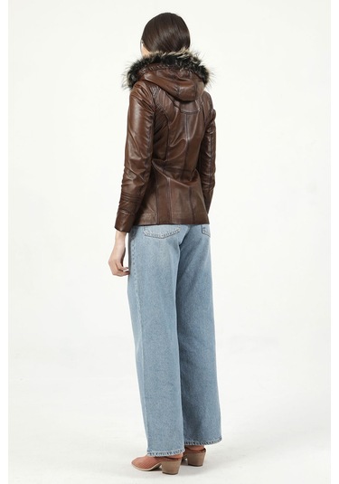 Dericlub Mistral Kadın Kapüşonlu Hakiki Deri Kaban Camel Antik Camel Antik Camel